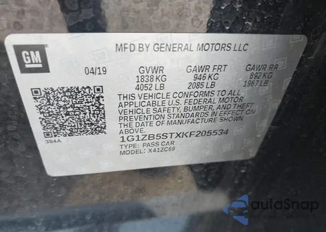 2019 Chevrolet Malibu 1Ls z USA, uszkodzony, nr VIN 1G1ZB5STXKF205534